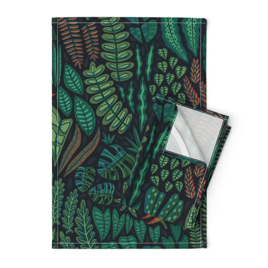 Jungle Leaves Tea Towels | Set Of 2 - Tropical Night By Anabtwo Green Forest Dark Leaf Linen Cotton Spoonflower