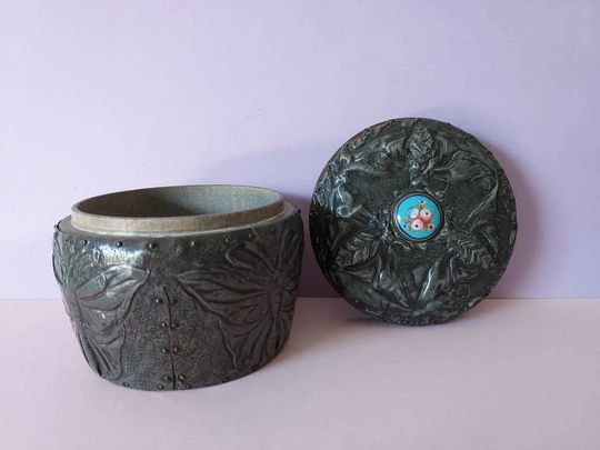 Antique Hammered Metal & Enamel Powder Pot