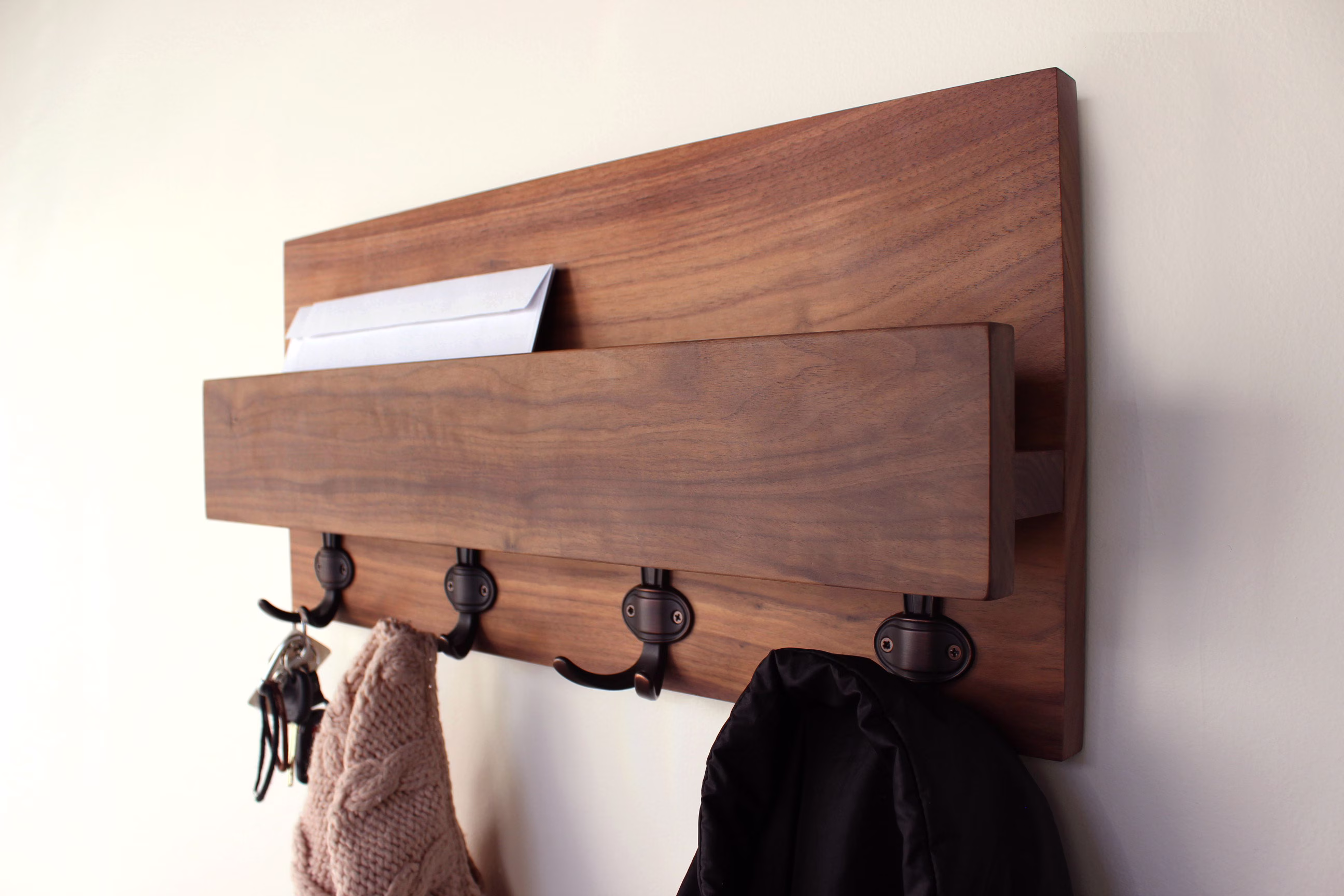 Hardwood Entryway Mail Key Organizer, Modern Rustic Letter Holder , Handmade Storage, Wall-Mounted Coat Rack, Home Decor, Shelf #1