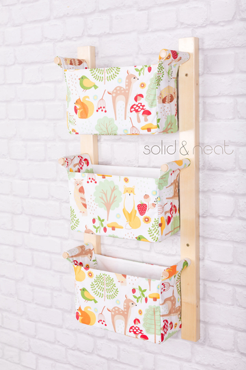 Kids Room Storage | Toy Organizer Basket, Wooden Wall Peg Shelf Playroom Furniture Pocket