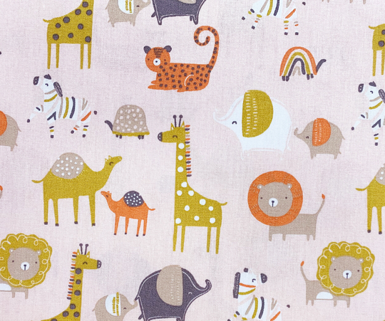 100% Organic Cotton - Safari Animals On Pink Childrens Craft Fabric Material