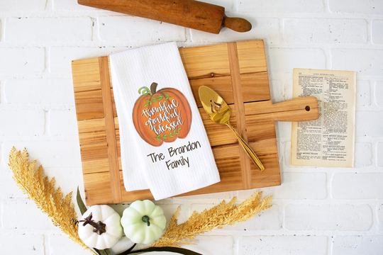 Personalized Thankful Towel | Fall Kitchen Custom Decor Seasonal Thanksgiving Gift Pumpkin