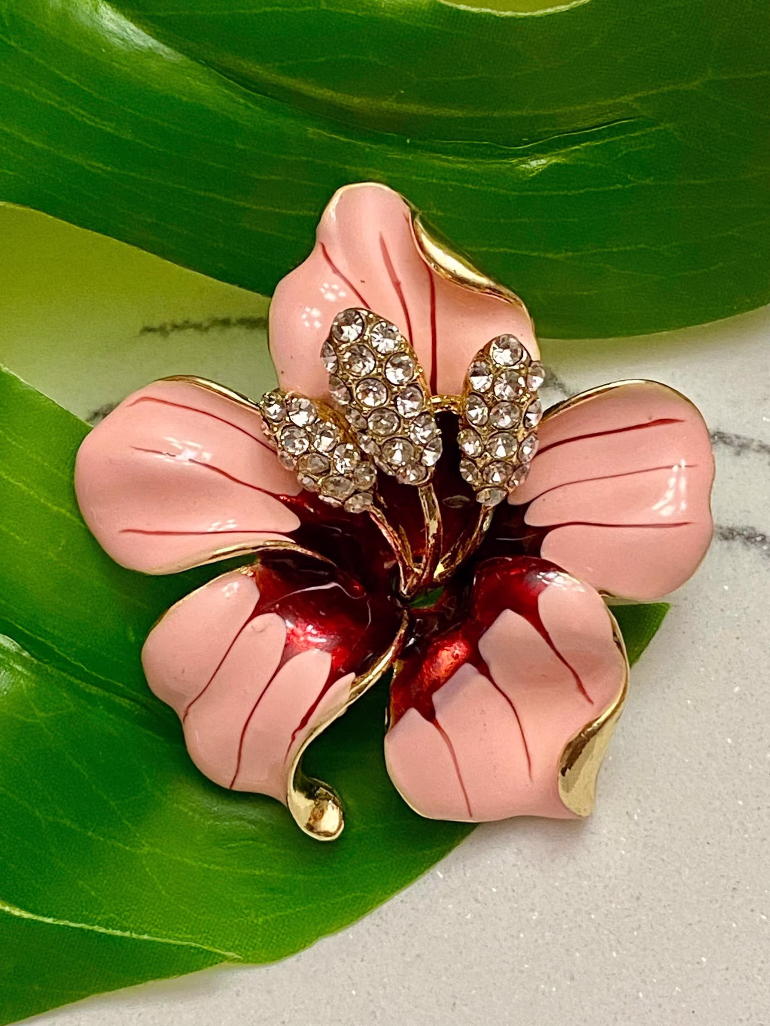 Pink Hawaiian Hibiscus Rhinestone Flower Floral Brooch Lapel Enamel Pin Jewelry A1991