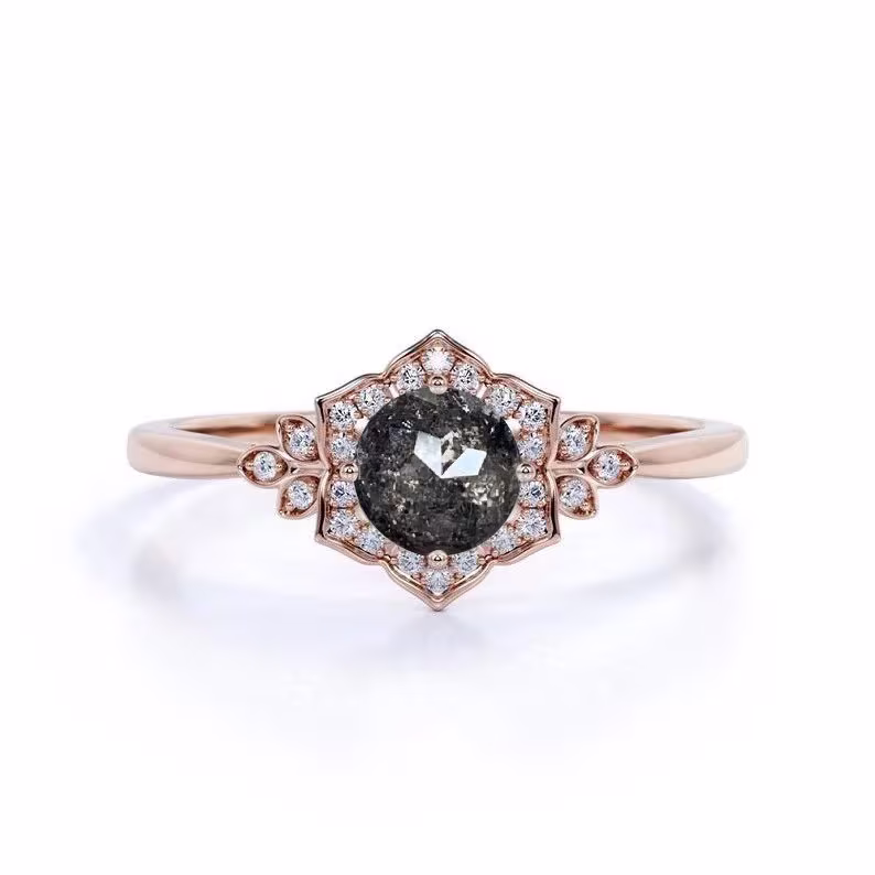Salt & Pepper Diamond Round Cluster Ring | Art Deco Inspired Dainty Engagement 9K, 14K, 18K Rose/White Gold Bridal