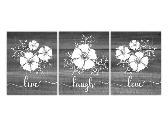 Gray Hibiscus Art, Live Laugh Love, Farmhouse Decor, Bathroom Wall Bedroom Hangings - Home877