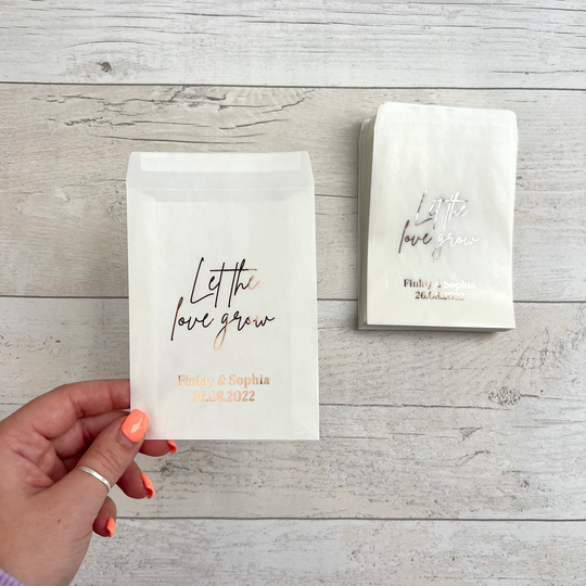 Let The Love Grow Foil Glassine Bags, Personalised Seed Packets, Rose Gold, Wedding Favours, Eco Biodegradable Diy