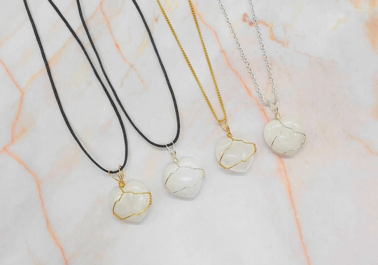 Natural Clear Quartz Crystal Necklace - Carved Heart Pendant Jewellery Hand Wire Wrapped Amplifier -Gift
