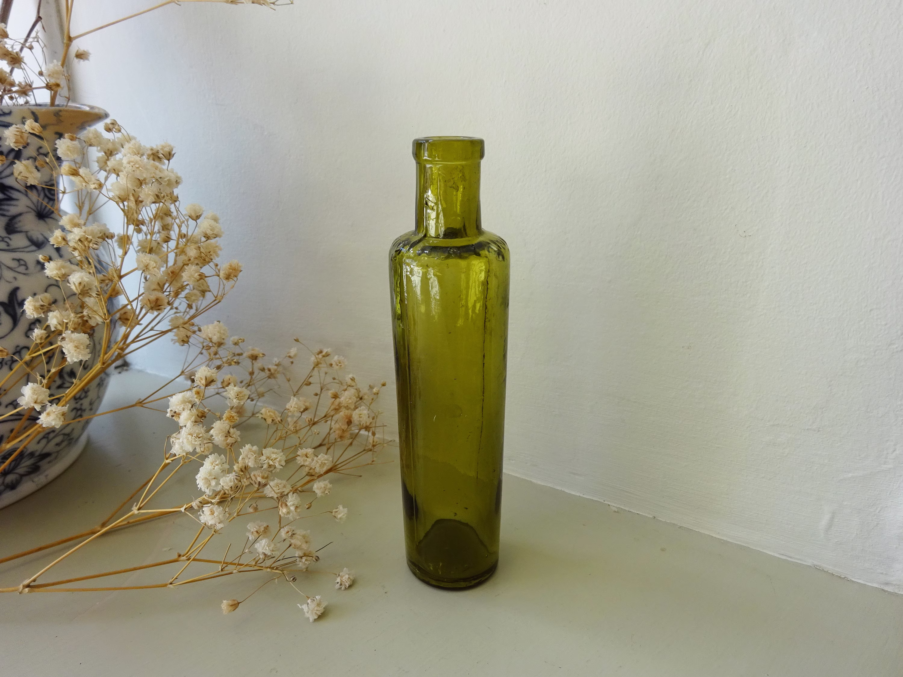 Edwardian Olive Green Bottle Embossed Hollamby Heathfield. Antique Medicine Bottle, Circa 1905. Tall Narrow Chemist Pharmacy, Sussex