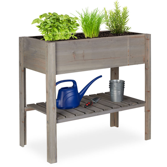 Wooden Raised Garden Bed, Shelf, Balcony Planter Box, Patio & Garden, hwd 80 x 88 x 43.5 cm, Grey - Relaxdays