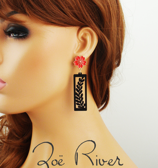 Red & Black Flower & Leaf Earrings. 925 Sterling Silver, Nickel Free Titanium Or Stainless Steel. Wood Filigree, Red Hibiscus