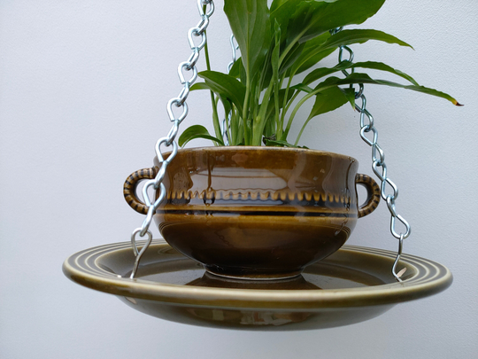 Lovely Ceramic Soup Bowl Hanging Basket/Planter. Made From Vintage 70's Hornsea Plate & Prinknash in Olive Green. Gift