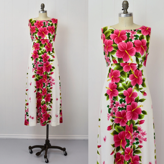 1960S Hawaiian Pink Hibiscus Floral Ui-Maikai Dress