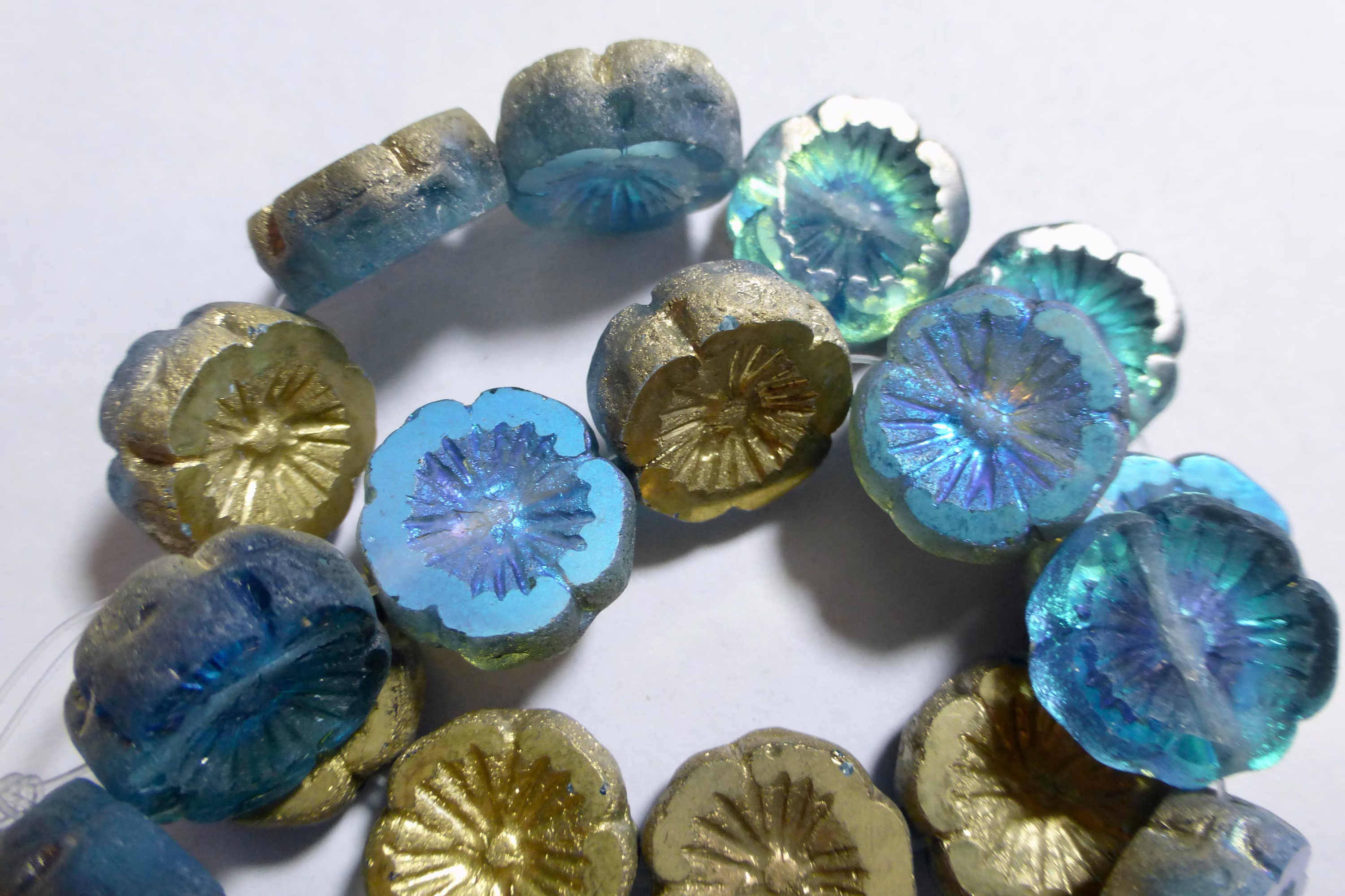 Czech Etched Pale Blue With Gold Luster Finish 15mm Flat Flower Glass Beads | 10 1501