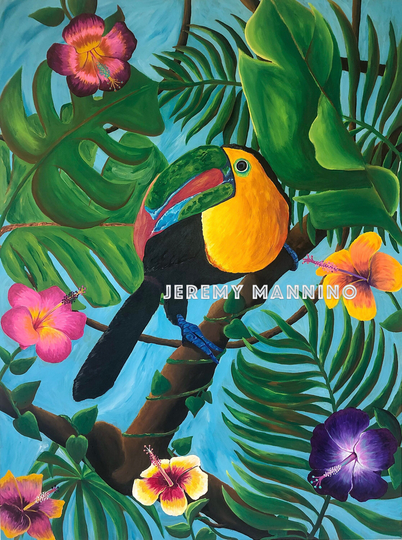 The Canopy Toucan Art Print, Tropical Home Decor, Boho Floral Artwork, Hibiscus, Childs Bedroom Wall Flower Painting