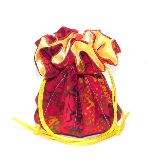 Drawstring Travel Bag Jewelry Organizer Bridal Pouch Red Dark Green Batik Fabric Yellow Satin Wedding Bridesmaids Essential Oils Storage Bag