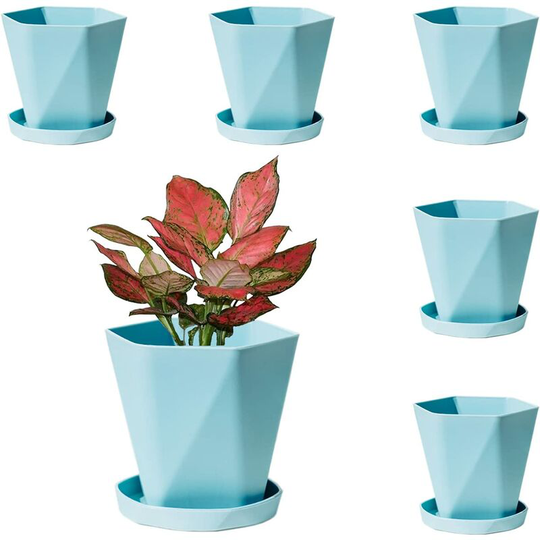 6PCS Plant Pots Indoor, 16.5CM Plastic Planter Pots with Saucer, Nursery Garden Pot with Drainage Hole and Tray for Flowers Herbs Succulents Cactus