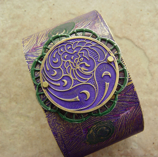 Embellished & Etched Brass Cuff Bracelet, Purple Peacock Feathers, 1.5