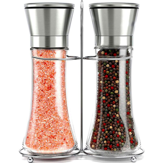 Rhafayre - Salt and Pepper Mill Set with Matching Stainless Steel Stand, Pair of Stainless Steel Precision Salt and Pepper Mills Tempered Glass with
