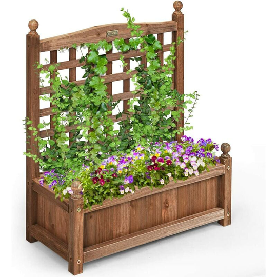 Wood Flower Plant Stand with Trellis, Solid Garden Trough Planter, Outdoor Garden Weather-Resistant Plant Rack for Vines, Climbing Flower, Plant Pot