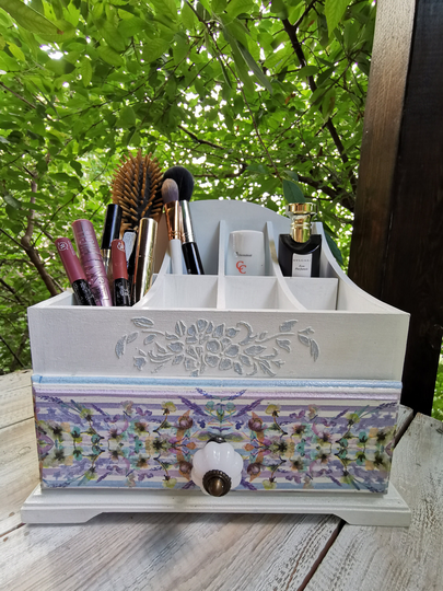 Wooden Makeup Organizer, Vanity Storage, Brush Lipstick Holder, White Perfume Chest Of Drawers, Storage