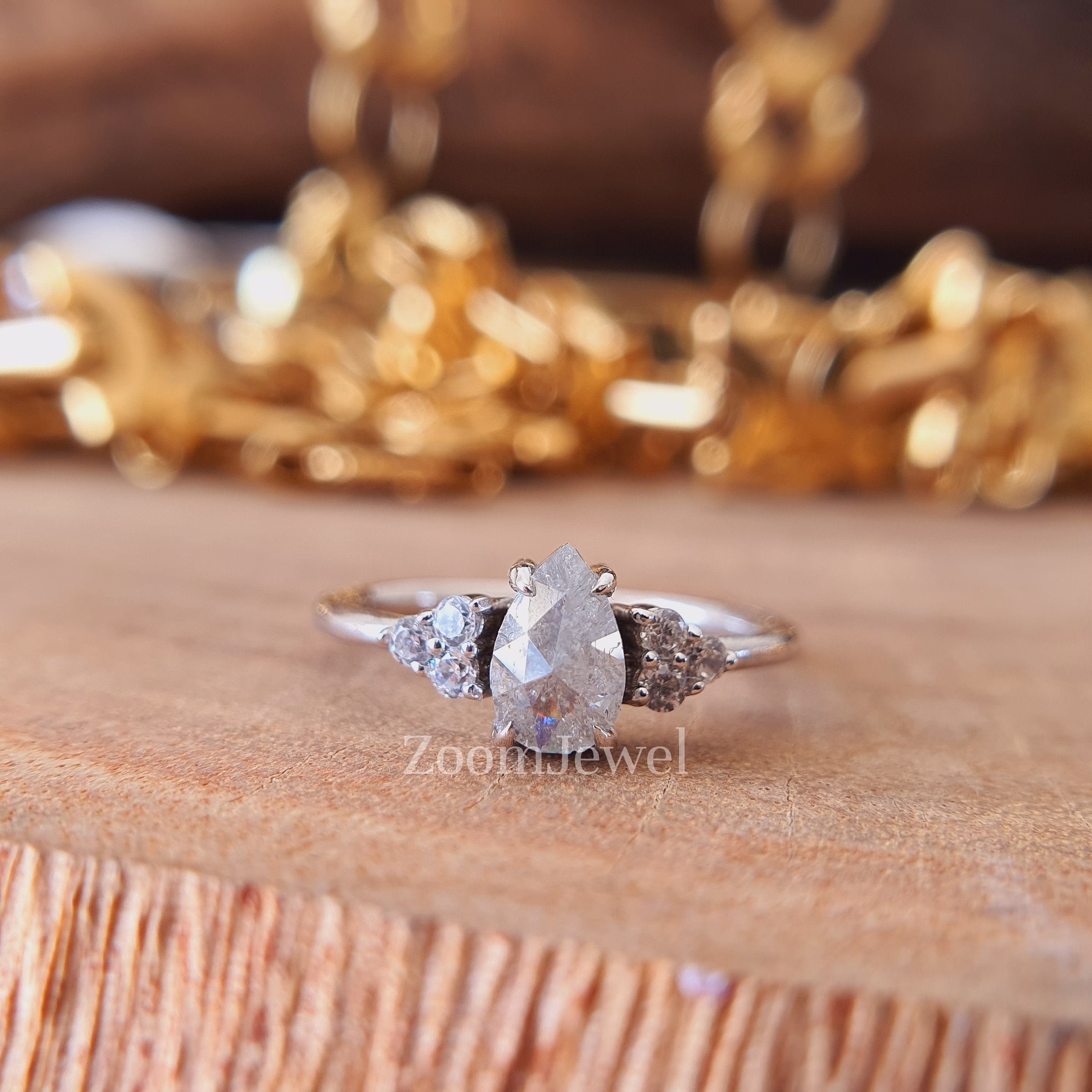 Salt & Pepper Diamond, Pear Diamond Tiny Ring, Unique Engagement Bridal, Black, Gray Pear, 14K Yellow, Rose, Or Three Stone White Gold
