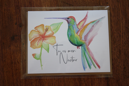 Hummingbird Handmade Greeting Card | Watercolour Paint Printed On Linenwhite Cardstock With Kraft Envelope Compostable Sleeve Gift