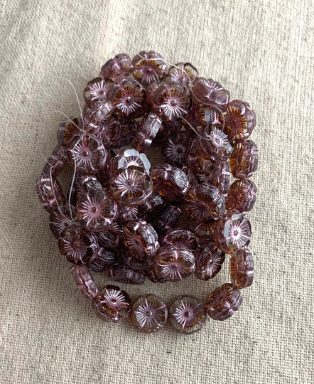 Czech Glass Hibiscus Beads in Transparent With Picasso & Pink Wash, 12 Mm, 1 Mm Hole, Beads Per Strand