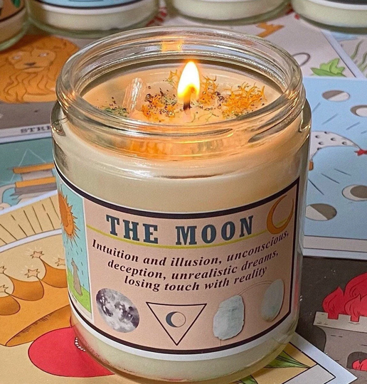 Tarot Card Candles With Crystals/Intention Candles/Tarot Candles/Label Includes Planet, Element, Moon Phase, Crystals/Altar