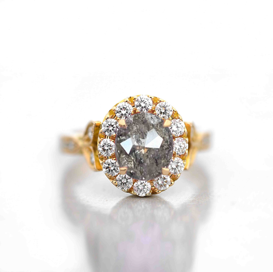 Oval Salt & Pepper Diamond Cluster Ring | Halo in 9K/14K/18K Yellow Gold Dainty Engagement For Her