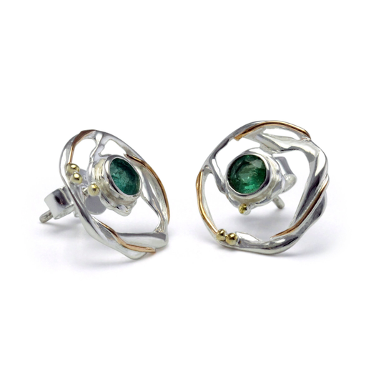 Handmade Organic Circular Sterling Silver Studs Set With Emerald