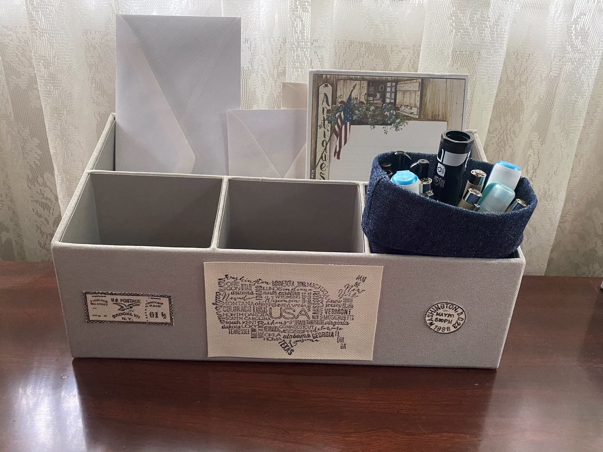 Canvas Desk Mail Organizer. Hand Stamped Usa Map & Vintage Postal Theme. Inexpensive Original Organization Piece. For Home/Office
