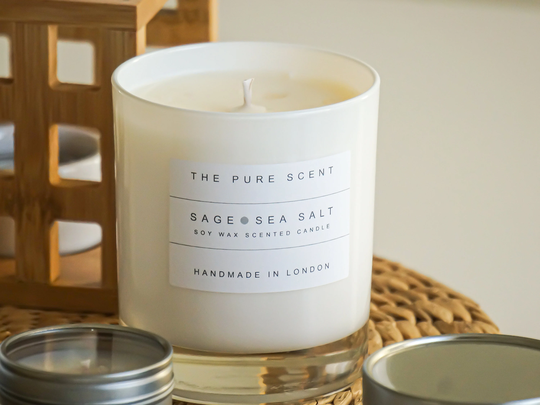 Sage & Sea Salt Soy Candle in A Glass Handmade London, Homemade Candle, Natural Scented Housewarming Gift