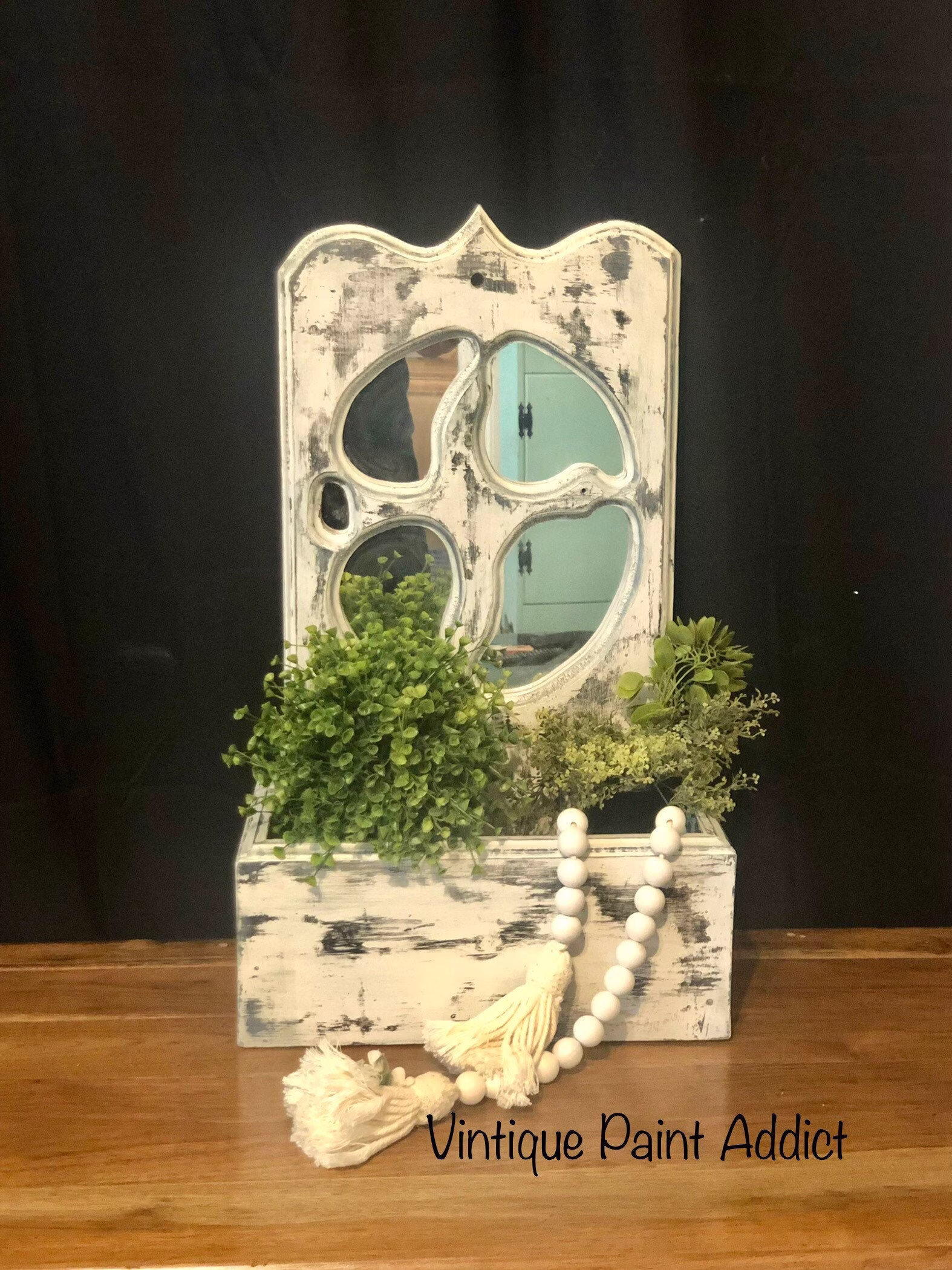 Wooden Planter, Wall Hanging 4 Small Mirrors, Chalk Painted in A Farmhouse Style, Faux Chippy Finish, Home Decor, Gallery Art