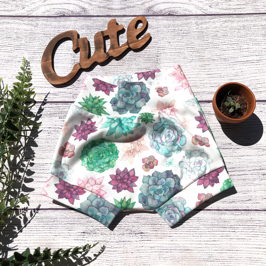 Organic Succulent Floral High Waisted Bummies, Shorties, Boho Baby Bloomers, Toddler Shorts, Diaper Cover, Bummies