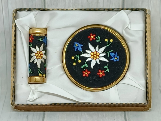Vintage Powder Compact & Lipstick Case With Embroidered Flowers ~ White Red Blue Yellow On Black Fabric