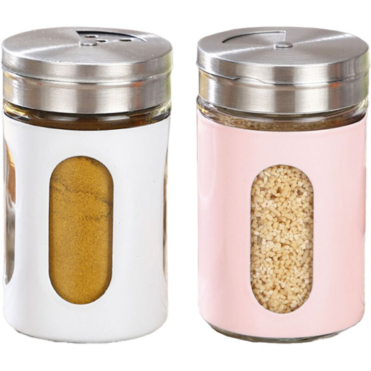 Fvbjd - Salt and Pepper Shakers Stainless Steel and Glass Set with Adjustable Pour Holes 1pcs pink + 1pcs white