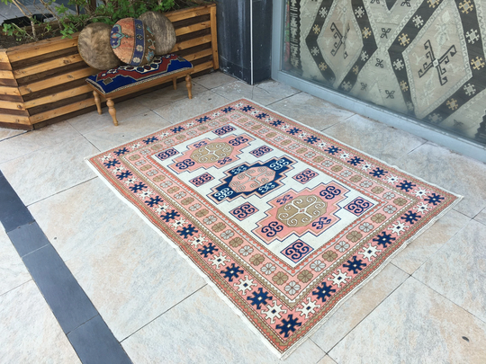 Large Oushak Rug, Bohemian Organic Rug, 4.9x6.4Ft, Turkish Anatolian Vintage Pink Hallway