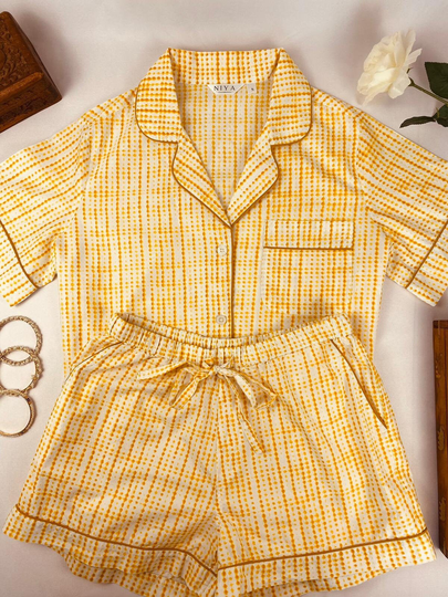 Organic Cotton Pyjama Set, Block Print Yellow Tie Die, 100% Summer Womens Sustainable Pjs, Shorts