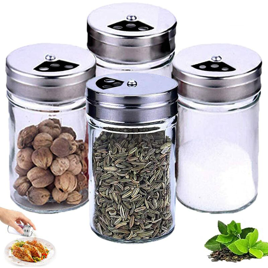 Spice Jars 4 Spice Jars & Clear Storage Jars with Lids - 100ml Airtight Storage for Tea Cereal Dried Fruit Pet Food Glass/Stainless Steel/Plastic