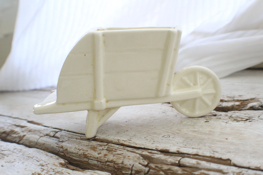 White Wheelbarrow Planter, Ceramic Indoor Planter, Succulent Birthday Gift, Housewarming Plant Burst Of Vintage