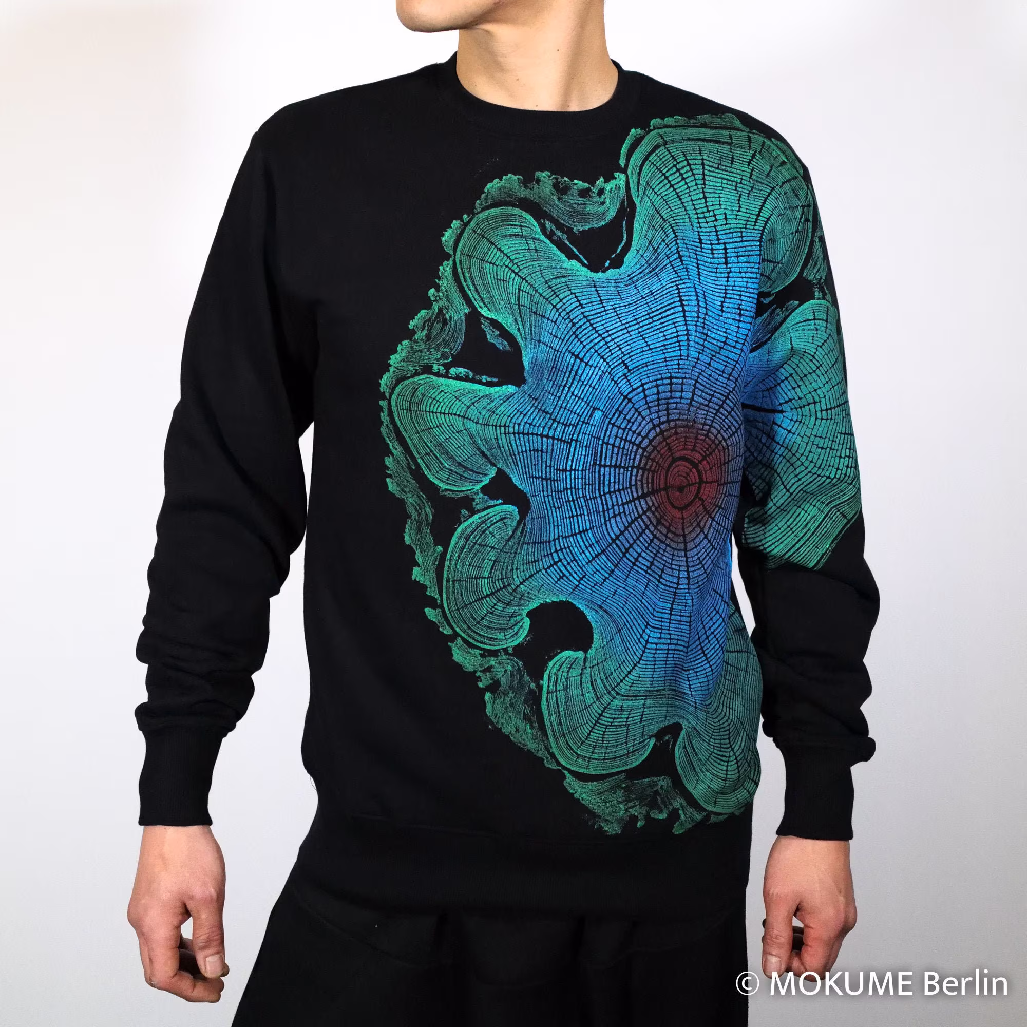 Unisex Black Sweatshirt Organic Cotton Handmade Print Color Wood Acacia