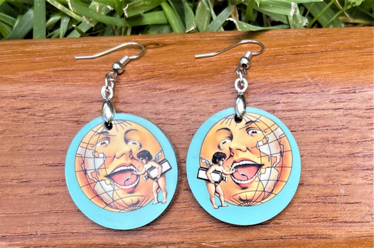 Smiling Globe Victorian Era Medicine Advertisement Vintage Earrings