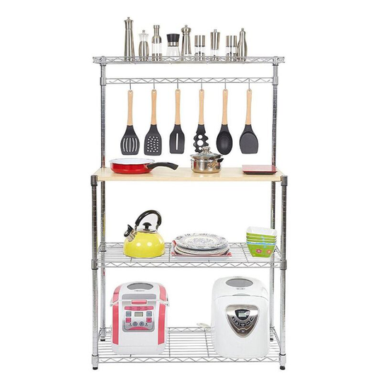 Four-tier Powder Coating Baker's Rack Microwave Oven Rack with mdf Board & 6pcs Wave Rod Silver