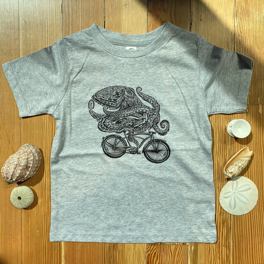 Organic Cotton Kids Tee - Cycling Cephalopod | Octopus Unisex Sizing Hand Illustrated Screen Printed