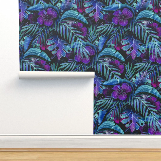 Tropical Wallpaper - Jungle Glow By Ashleyinthestars Purple Blue Palm Trees Monstera Removable Self Adhesive Roll By Spoonflower
