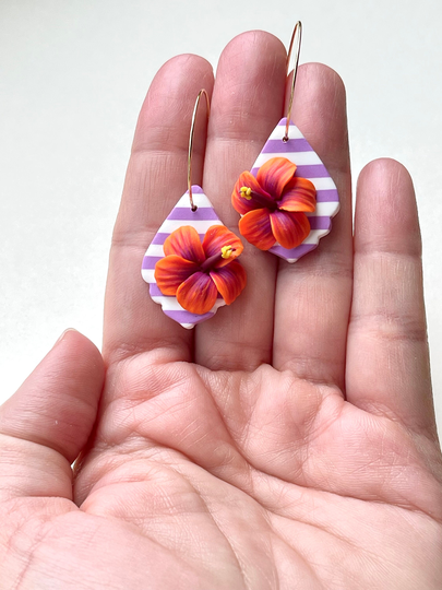 It's A Hibiscus Kind Of Summer Collection-Orange Flower Earrings, Hoop Striped Earrings