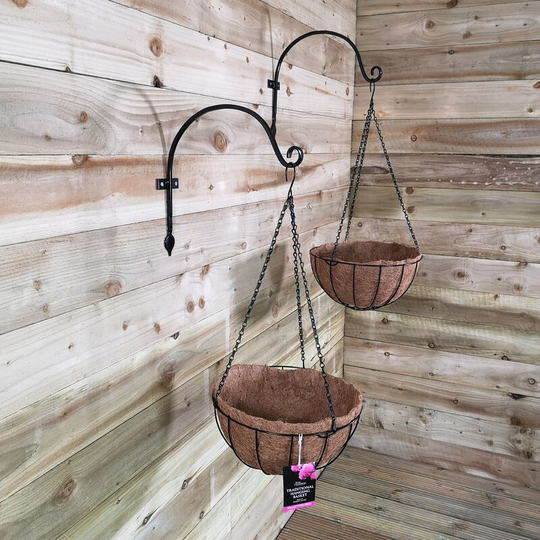 Pack of 2 Tom Chambers Black Metal Garden Plant Hanging Basket with WaterSave Coco Fibre Liner 35cm - No Bracket