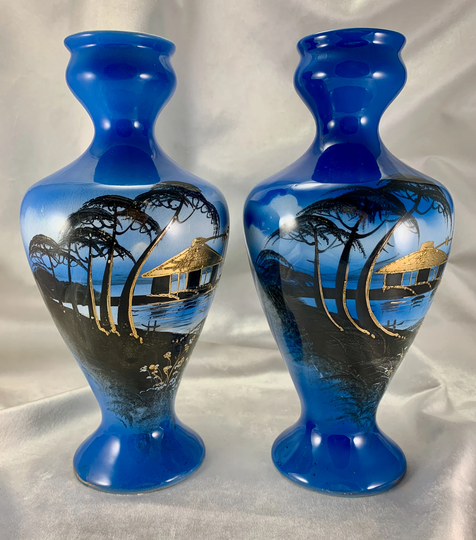 Vintage Japan Pair Powder Blue Garlic Mouth Vases
