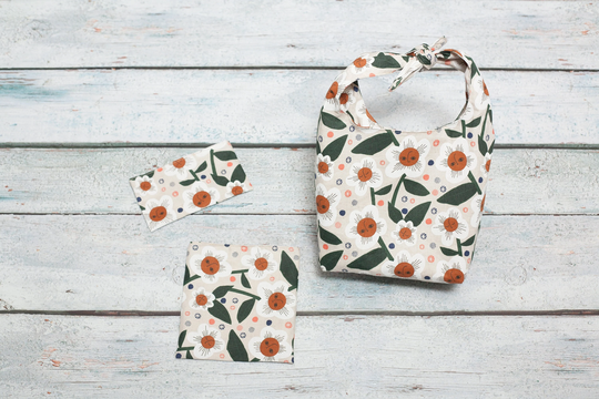 Linen Sack Lunch Set - Organic Cotton Insulated Bag, Snack & Sandwich Bag With Sunflowers