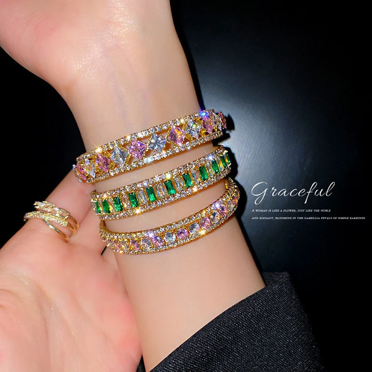 Exquisite Crystal Open Cuff Bangles, Pink Crystal, Green Powder